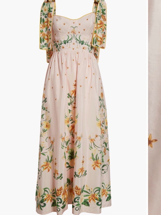 FARM Rio Dresses & Skirts - FARM Rio Peach Midi Dress with Green and Yellow Floral Embroidery